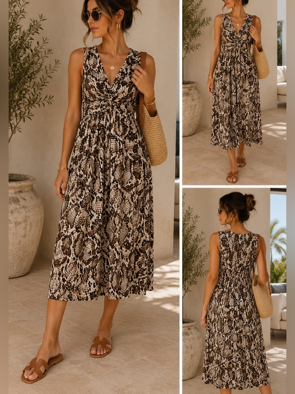 Chico’s Brown Snakeskin Print Sleeveless Midi Dress Size 3 XL Twist Front - Picture 2 of 2